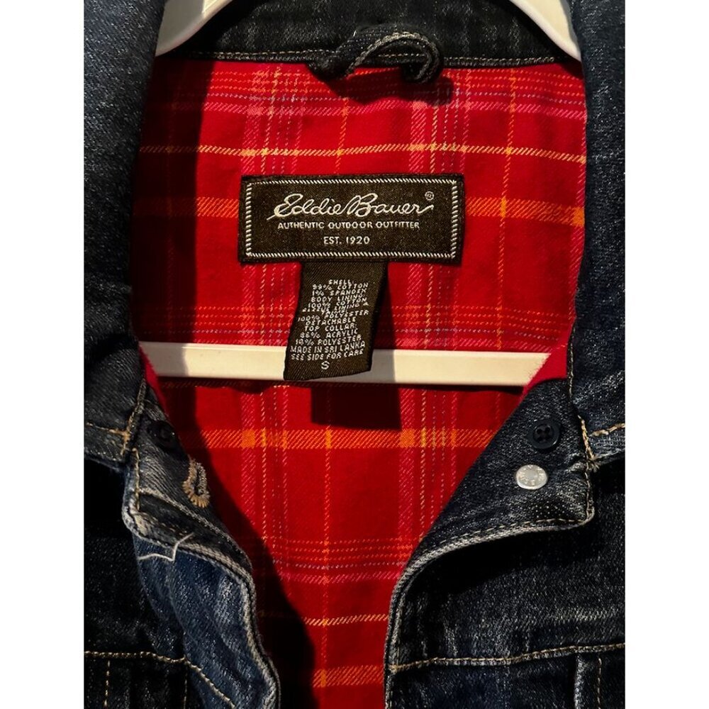 Eddie Bauer Premium Denim Jean Plaid Red Linning Jacket Unisex Size Small Coat - Picture 4 of 5